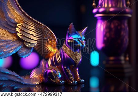This Unique Digital Artwork By Jane Is A Stunning Depiction Of An Egyptian Cat With Two Wings. The I