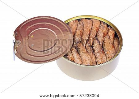 Smoked Fish With Olive Oil In An Open Tin Can On A White Background