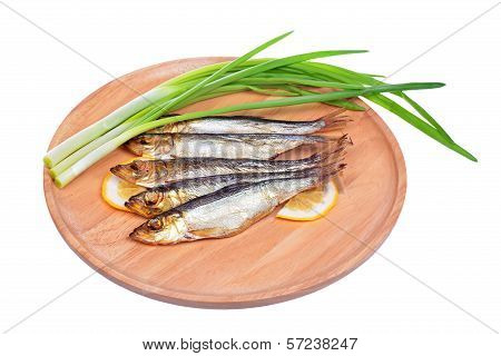 Smoked Fish And Onion Isolated On White Background