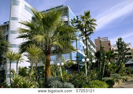Central boulevard with hotels and shops in Casablanca
