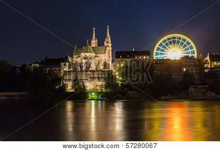 Basel Minster Over The Rhine By Night - Switzerland