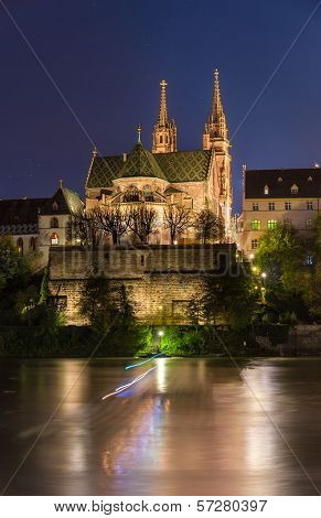 Basel Minster Over The Rhine By Night - Switzerland