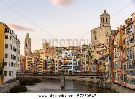 Girona Cathedral And Collegiate Church Of Sant Feliu Over River Onyar