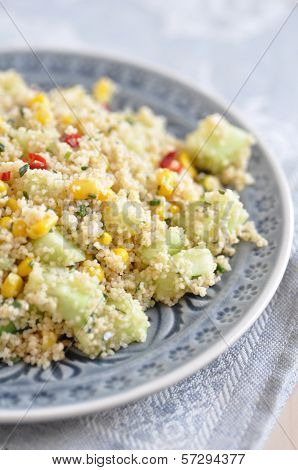 Healthy Couscous Salad with corn, cucumber and pepper