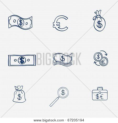 Money icons set doodle sketch hand draw. Finanse investment business credit bank elements