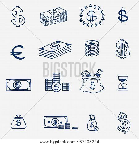 Money icons set doodle sketch hand draw. Finanse investment business credit bank elements