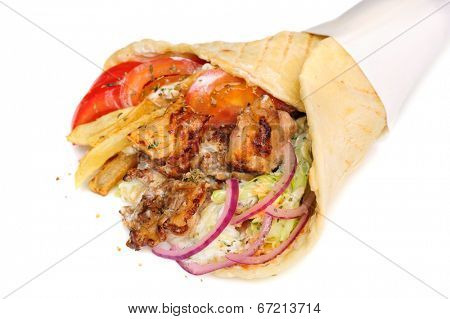 greek gyros stuffed with meat, salad, onion, tomato and potato