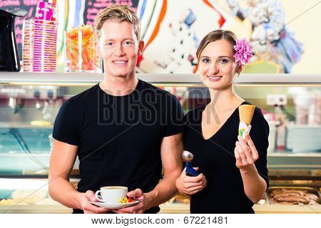 Ice-cream seller and waiter working in cafe selling ice cream wafer and coffee