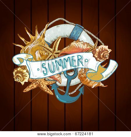 Summer Card with Sea Shells, Anchor, Lifeline