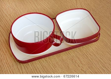 Empty Red Cup Of Coffee On Wooden Table Background