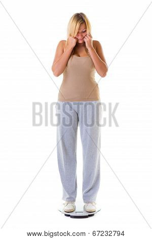 Large Woman On Scale Worried With Her Weight Isolated