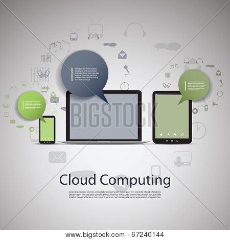 Cloud Computing Concept with Laptop Computer, Tablet and Smartphone. Eps 10 Stock Vector Illustration