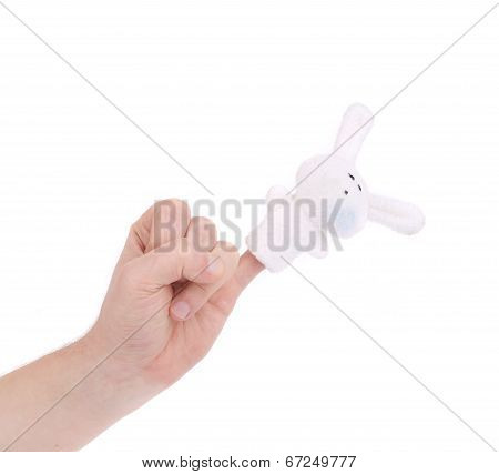 hand and fingers wearing puppet rabbit