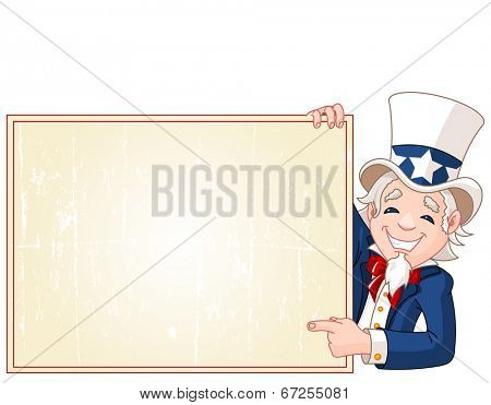 This is Great illustration of a cartoon Uncle Sam holding sign, Perfect for a Fourth of July illustration. Raster version.  