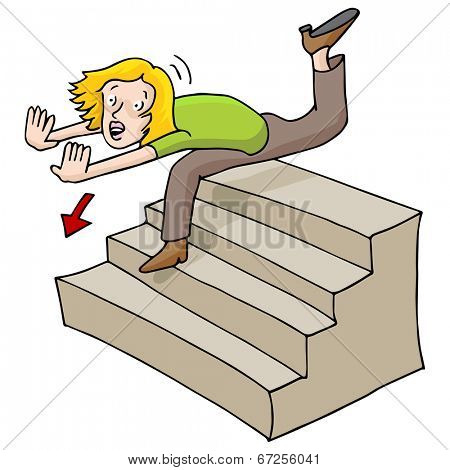 An image of a woman falling down a flight of stairs.