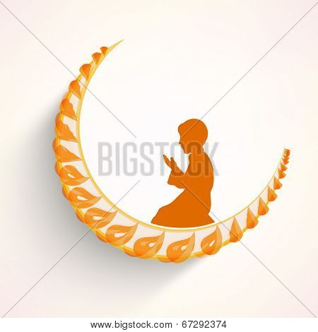 Yellow silhouette of Muslim boy praying on crescent moon for holy month of Muslim community Ramadan Kareem. 
