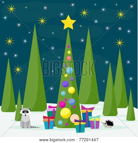 Winter Holiday Card With Spruse, Cute Racoon And Many Bright Colored Gifts In The Night Forest