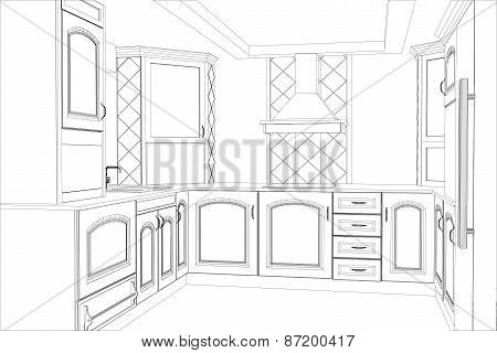 Kitchen vector sketch interior. Illustration created of 3d