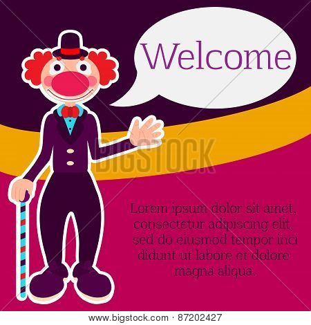 Background with happy greeting clown in costume, text space and speech bubble