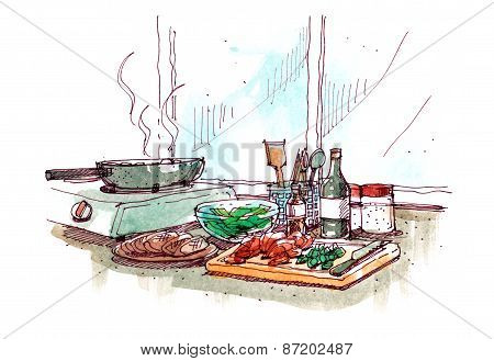Cooking At Home Watercolour Painting Illustration