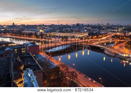 Moskva river, Big Ustyinsky bridge and Military academy missile wax at evening in Moscow, Russia. Long exposure. 