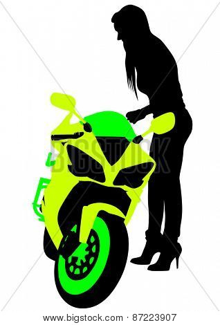 Silhouettes of motorcycl and baeuty women on white background