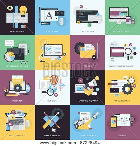 Flat design style concept icons on the topic of graphic and website design