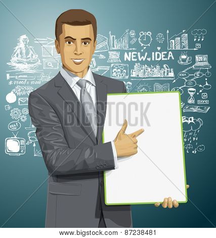 Vector businessman holding empty write board in his hands
