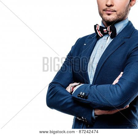 Sharp dressed fashionist wearing jacket and bow tie