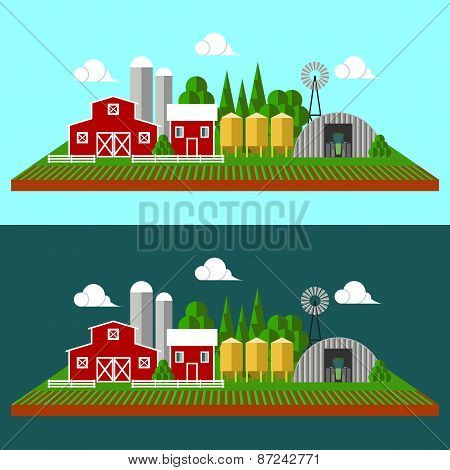 Flat farm landscape with farm equipment