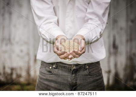 Farmer Showing Animal Dry Food