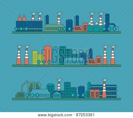Flat design vector concept illustration with icons of urban landscape and industrial factory buildin