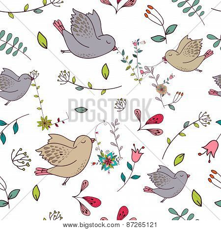 Seamless colorful texture with bright floral elements and birds. Fabric pattern