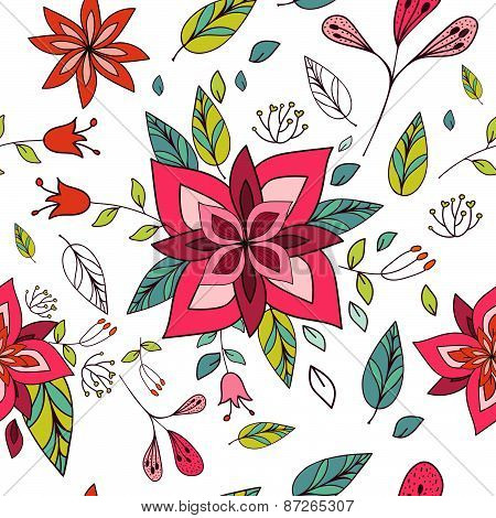 Seamless Colorful Texture With Bright Floral Elements.