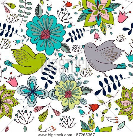 Seamless Colorful Texture With Bright Floral Elements And Birds .