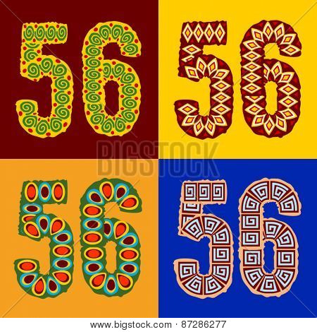 Vector set of ethnic font with african ornament. Optional different styles. Numbers 5 6