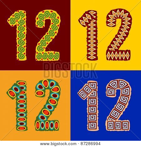 Vector set of ethnic font with african ornament. Optional different styles. Numbers 1 2