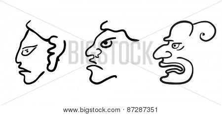Faces in style of Maya Indians, vector illustration on white background