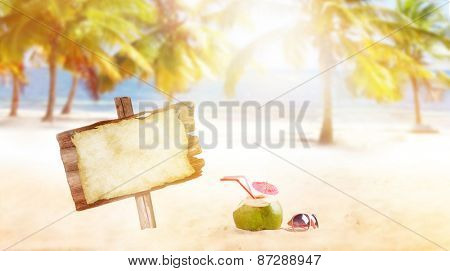 summer coconut drink on the beach with palm trees.