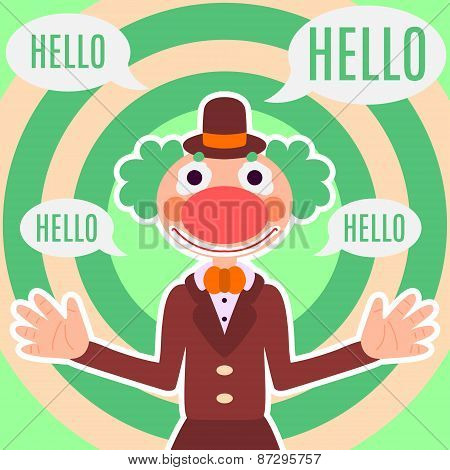 Background with happy greeting clown in costume, text space and speech bubble