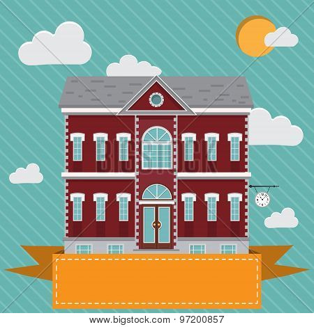 Mansion, red and white old building with clock on the wall. Flat vector illustration