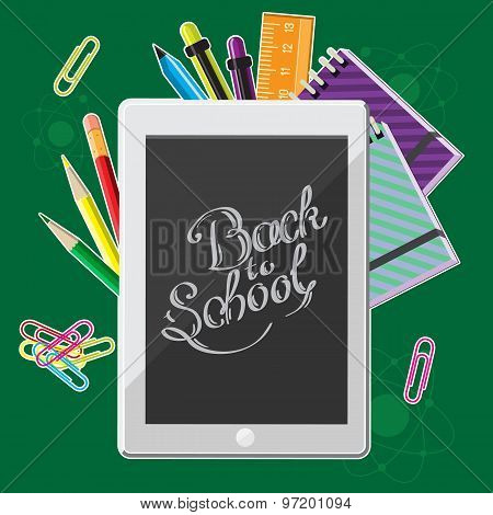 Hand drawn back to school lettering with set of  supplies and computer tablet. Vector illustration