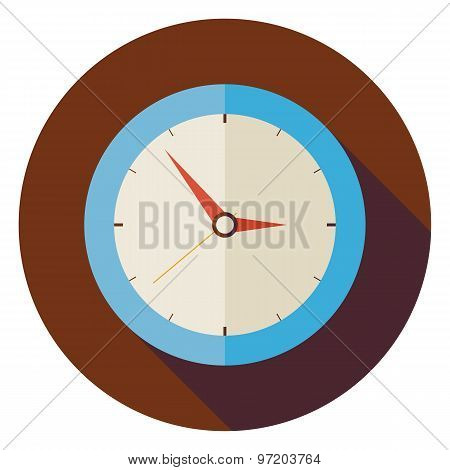 Flat Office Workplace Interior Clock Circle Icon With Long Shadow