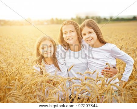 Happy girls meadow weat field
