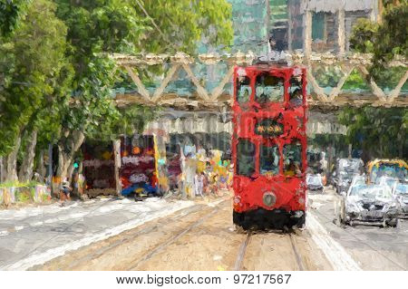 Double-decker tram on street of Hong Kong