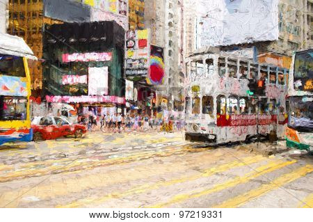 Double-decker tram on street of Hong Kong