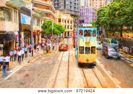 Double-decker tram on street of Hong Kong