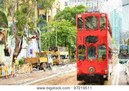 Double-decker tram on street of Hong Kong