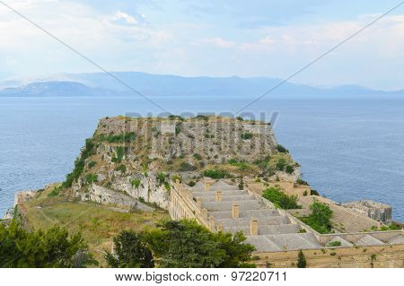 View at fortress wall and the see at Kerkyra town at Corfu island Greece