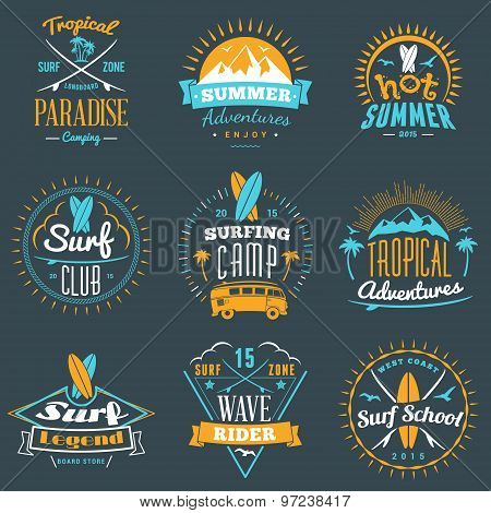 Summer Holidays Design Elements. Set Of Hipster Vintage Logotypes And Badges In Three Colors On Dark